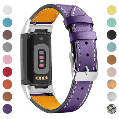 Genuine leather strap for Fitbit charge5 and charge6 in selected colour with adjustable buckle showing 5.5-8.1 inch length