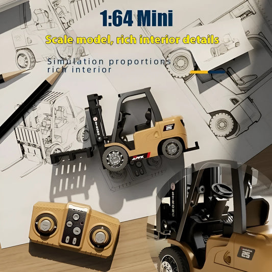 Miniature grey alloy remote control forklift toy with cargo forks and a pallet on a table.