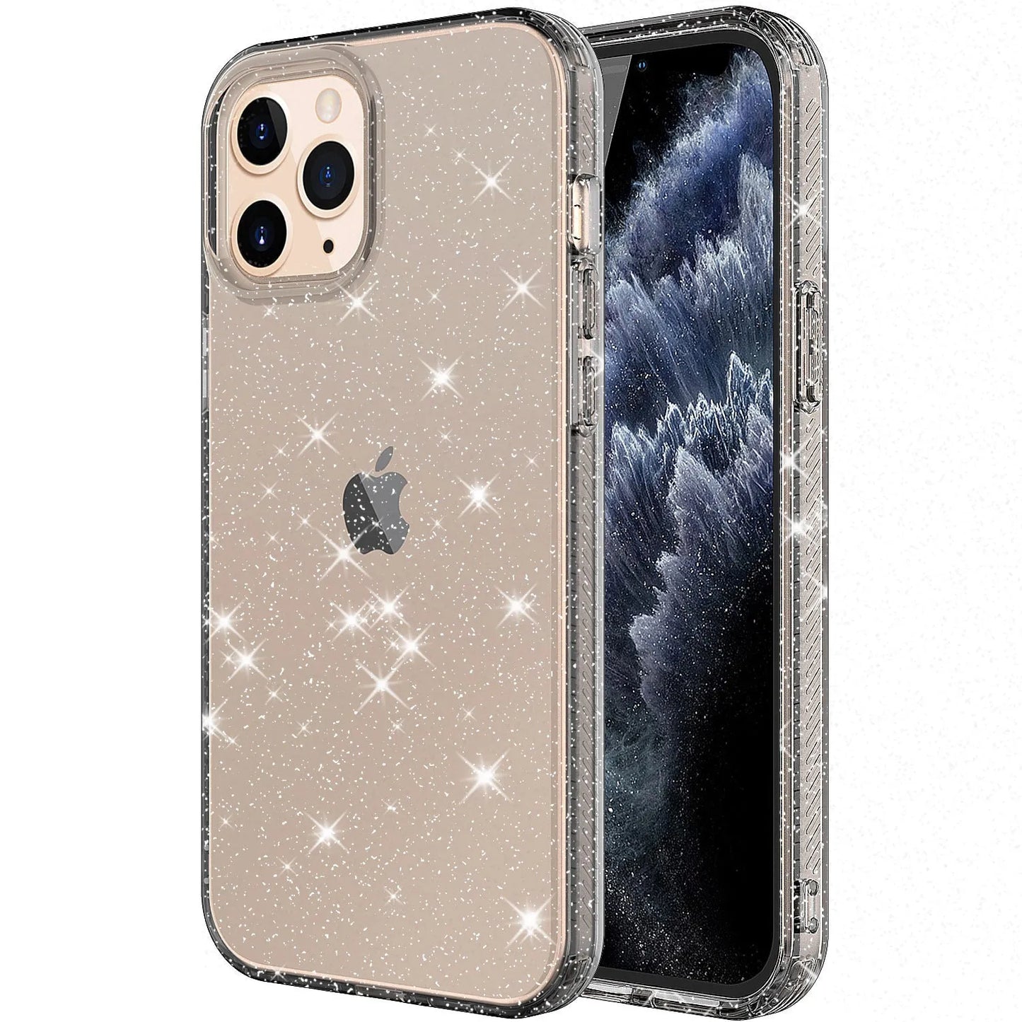 Glitter transparent TPU phone case for iPhone 12 Pro Max in pink, black, purple and clear colours