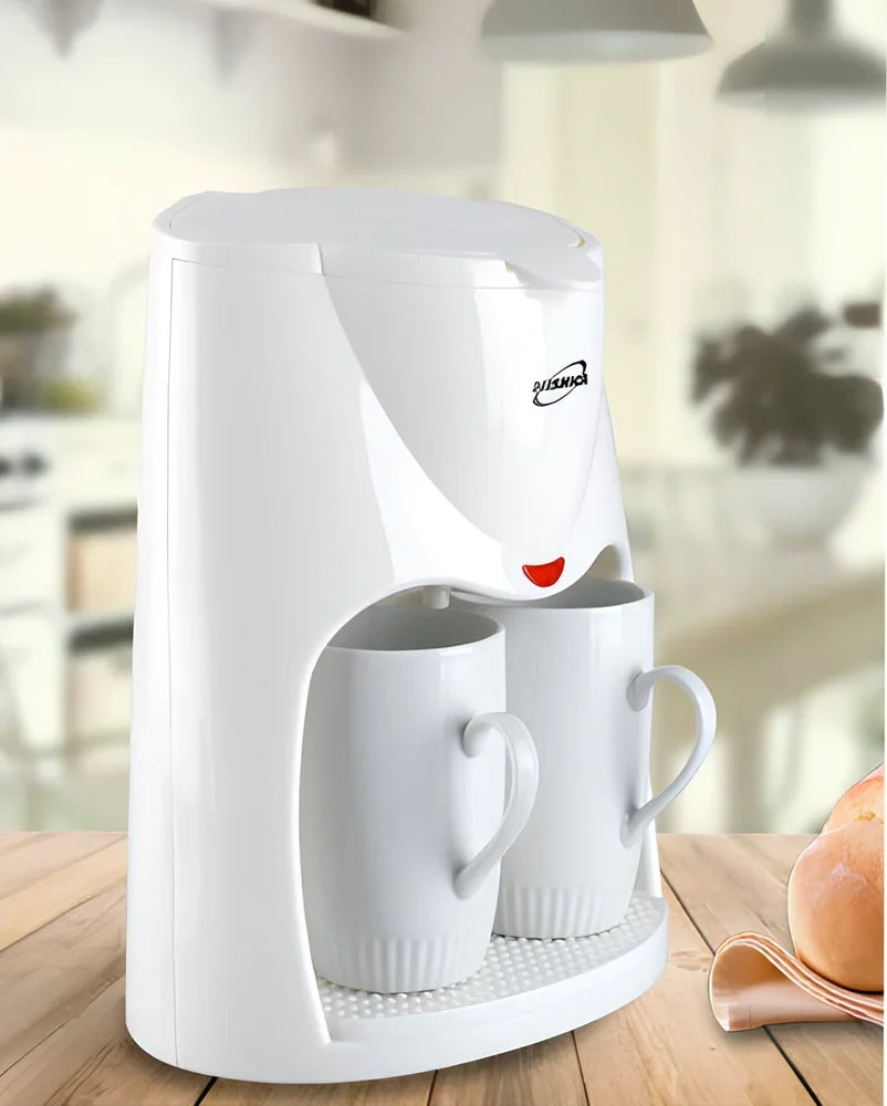 Automatic American coffee machine in black brewing two cups simultaneously with included 180ml ceramic cups and 5g spoon