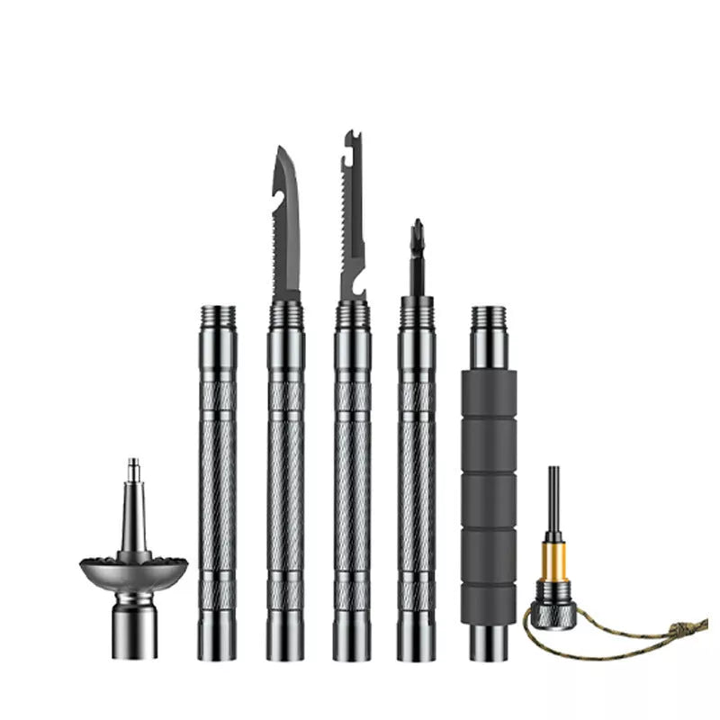 Aluminum alloy walking stick with integrated survival knife and tools for outdoor survival