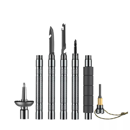 Aluminum alloy walking stick with integrated survival knife and tools for outdoor survival