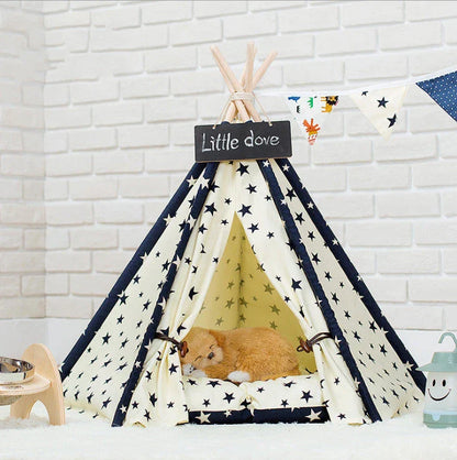 Portable pet tent with Native American-inspired design, versatile for indoor and outdoor use as a cozy dog bed, cat house, and toy house