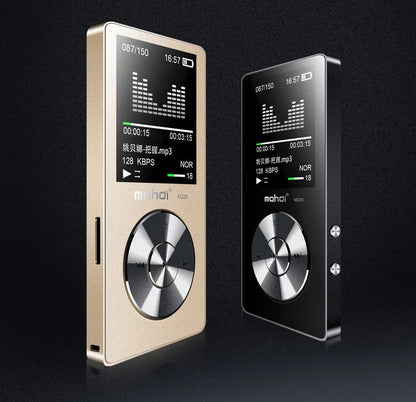 Compact silver metal MP3 music player with 1.8-inch screen showing music menu, beside headphones.