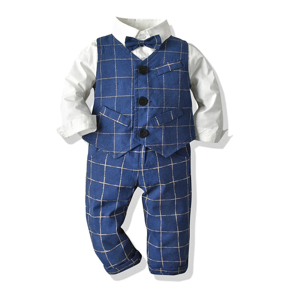 Three-piece baby boy suit with white shirt, striped vest, and trousers in cotton fabric