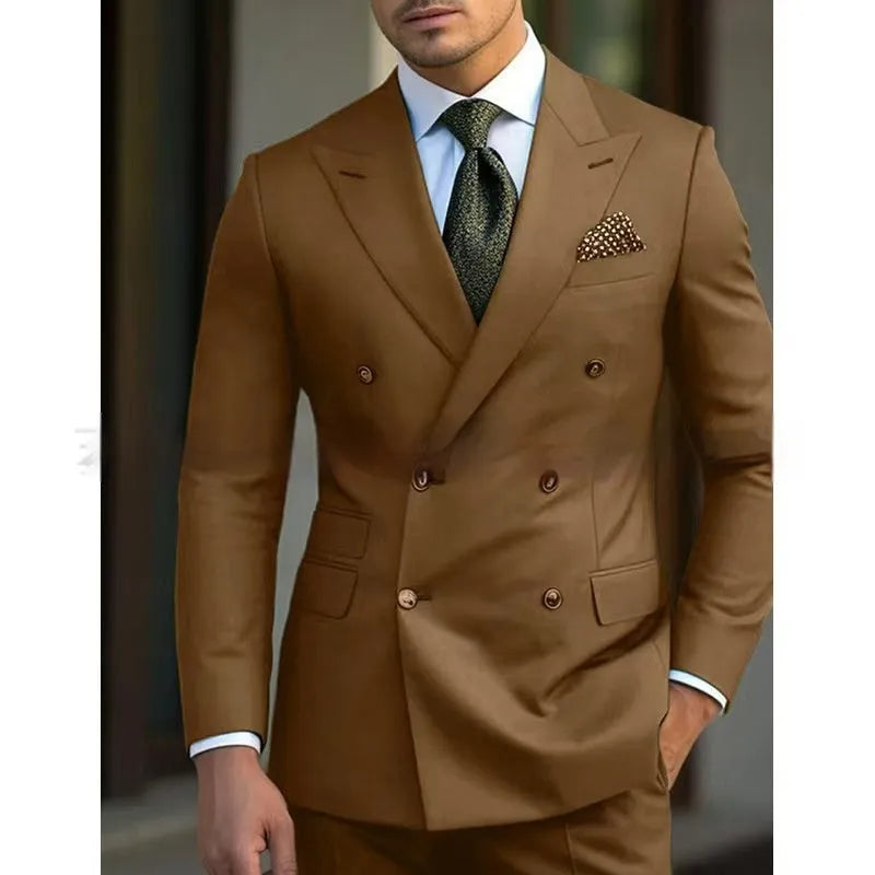 Men's light business suit set comprising a coat and trousers in a cotton blend fabric.