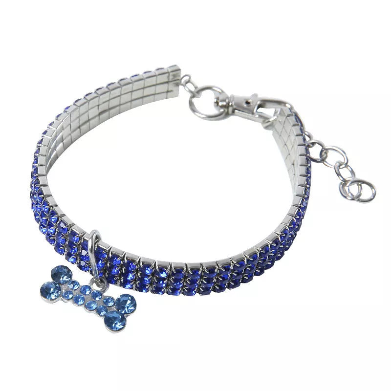 Adjustable bling rhinestone dog collar for small to medium pets in blue, white, and pink