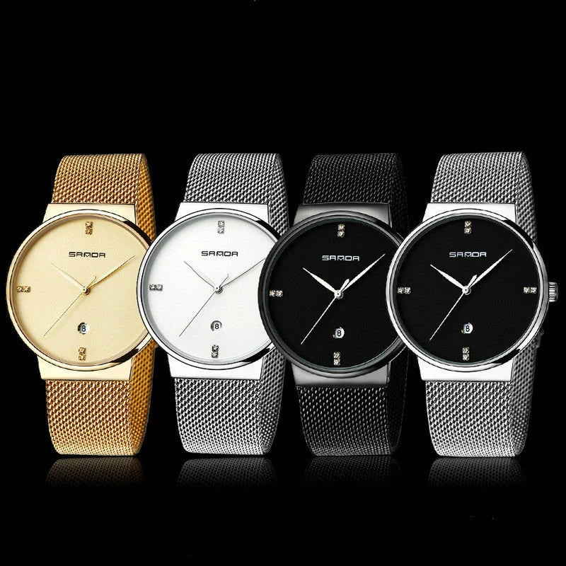 Men's waterproof quartz watch with stainless steel mesh belt in various colors