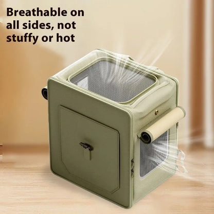 Foldable large capacity cat carrier bag in hard PU, shown in milky white or army green with optional pull rod