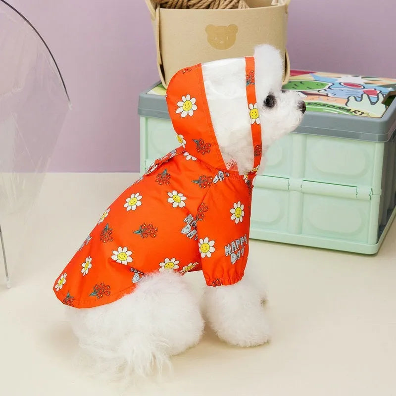 Transparent dog raincoat with two-foot design and pull ring in small flower pattern
