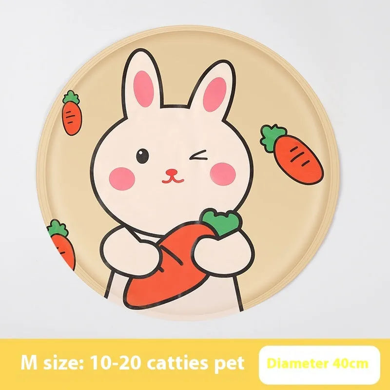 Round pet cooling mat with cartoon dog designs in blue and beige colour options