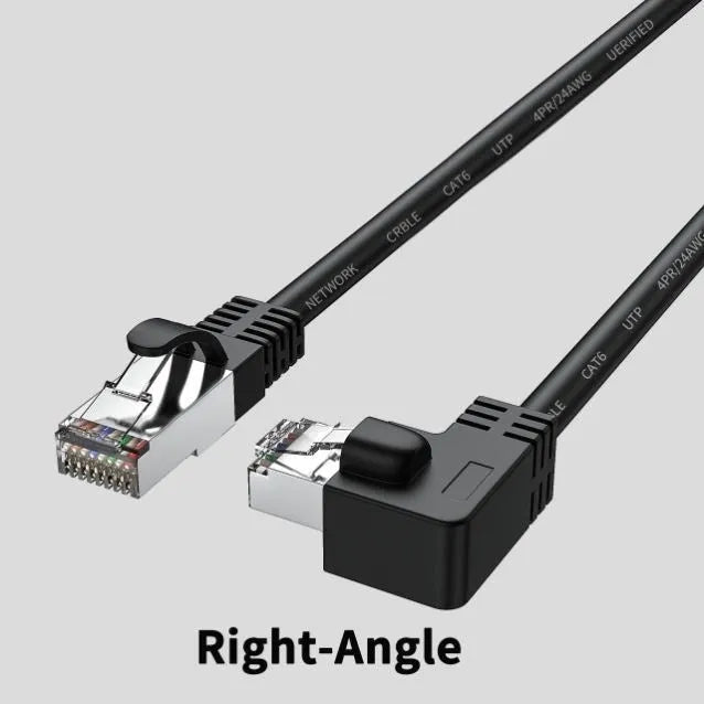 Black Cat6 Ethernet cable with a right-angled metal RJ45 connector plugging into a network switch port.