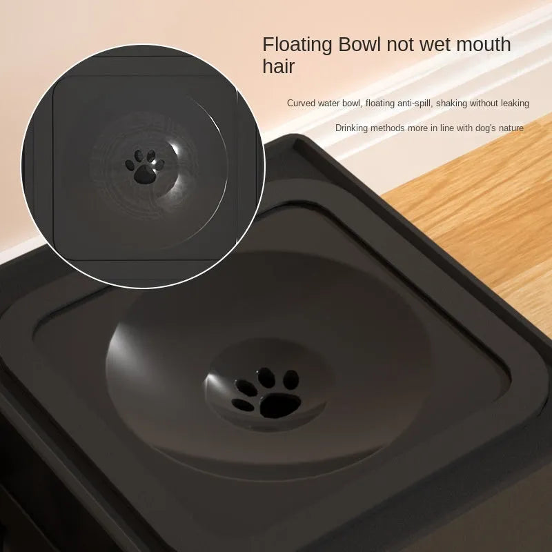 Adjustable height dog feeding stand with two stainless steel bowls in black or grey colours.