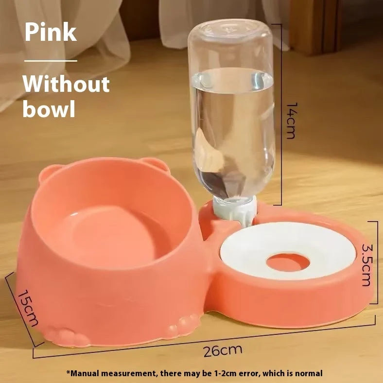 Green automatic cat water basin with two stainless steel bowls on ceramic base