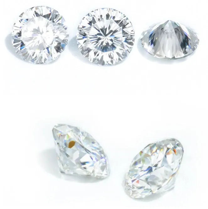 Round moissanite gemstone showing eight hearts and eight arrows cut pattern.