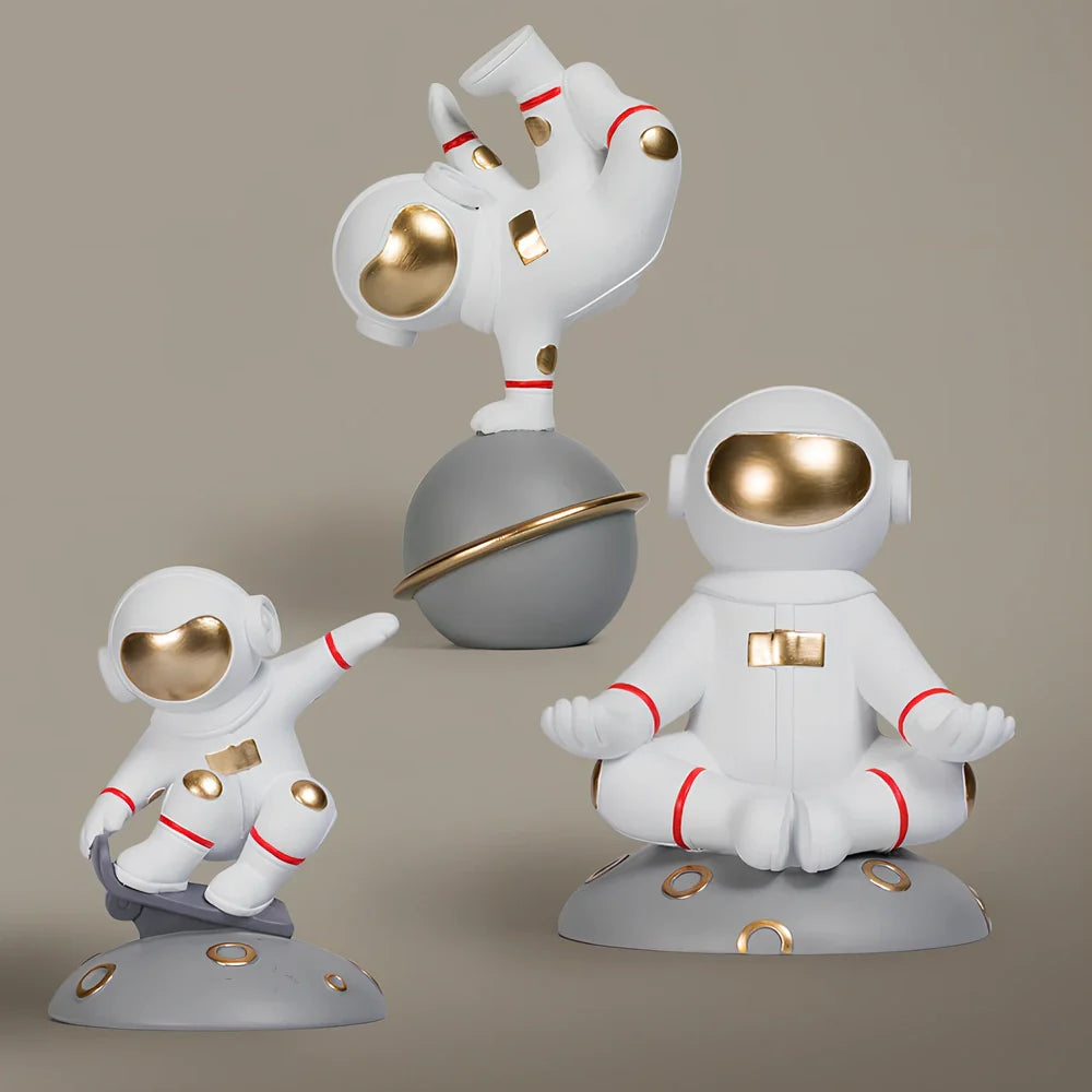 Hand-carved resin astronaut decoration in red or white with handstand, meditate, or skateboard poses