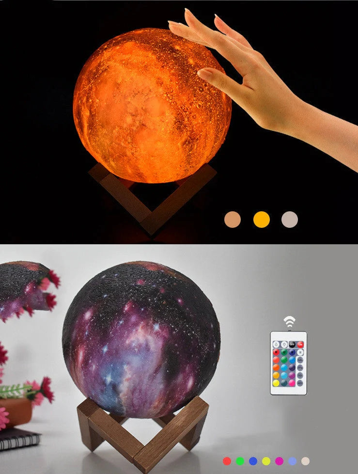 3D printed moon lamp with detailed crater surface on wooden base showing LED illumination