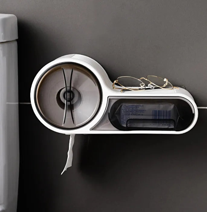 White plastic clamp-on bathroom toilet paper holder with curved design