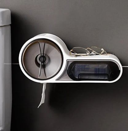 White plastic clamp-on bathroom toilet paper holder with curved design