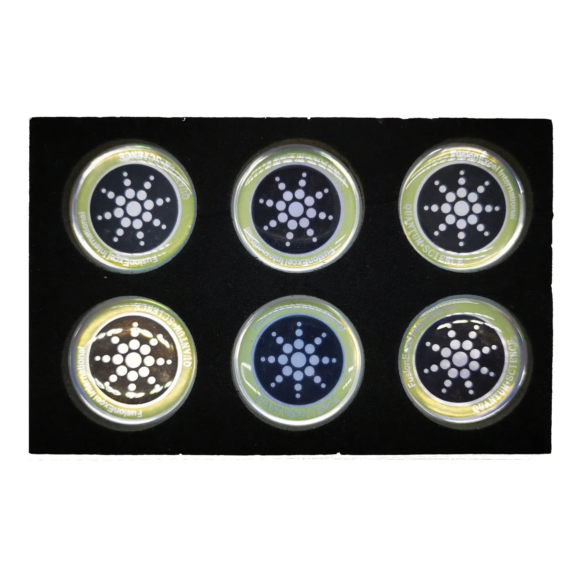 Box of six round gold and silver anti-radiation stickers for mobile phones.