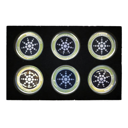 Box of six round gold and silver anti-radiation stickers for mobile phones.