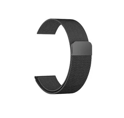 Apple Watch strap with a 22mm or 24mm width and 220mm length, crafted from stainless steel for compatibility with 38mm, 40mm, 42mm, and 44mm watch cases in silver, black, gold, and rose gold finishes
