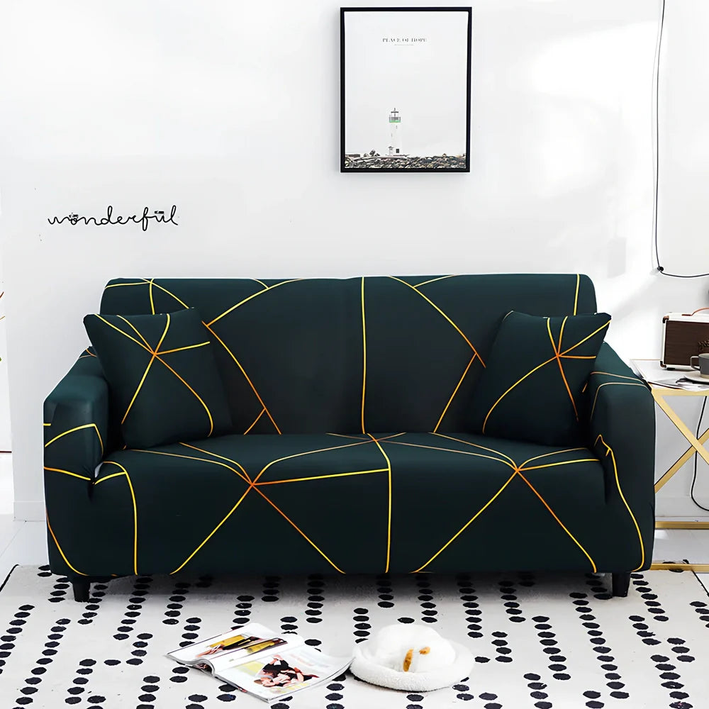 Elastic sofa cover on three-seat sofa showing stretch fabric fitting sofa length 190-230cm