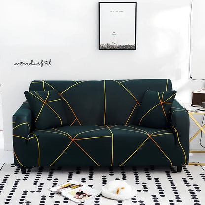 Elastic sofa cover on three-seat sofa showing stretch fabric fitting sofa length 190-230cm