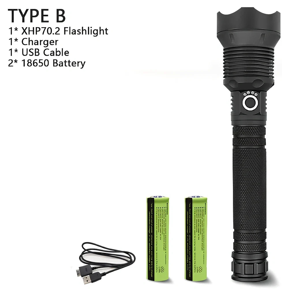 Black aviation aluminium LED torch with telescopic zoom lens showing extended and retracted positions