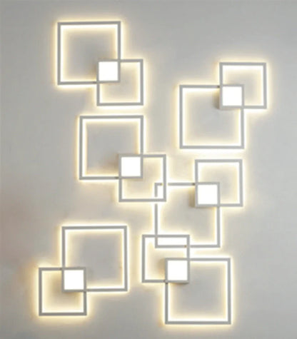 Square 35.3cm geometric LED wall light in white, iron frame with acrylic diffuser, 20W-24W output