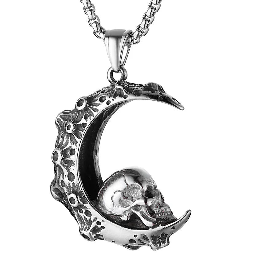 Men's silver stainless steel necklace with a detailed alloy skull pendant on a chain.