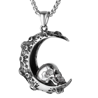 Men's silver stainless steel necklace with a detailed alloy skull pendant on a chain.