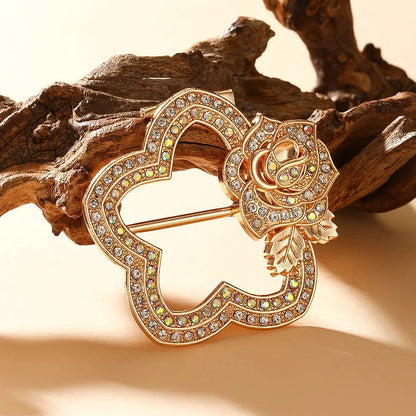 Bow-shaped waist-cinching accessory clip for high-end brooches, alloy with electroplating and diamond inlay, shown in gold, silver, or rose gold finishes.