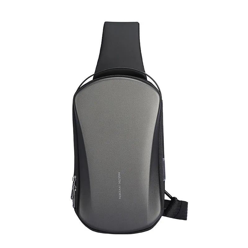 Men's hard shell chest bag in black or grey PU Oxford, 30x18x10cm, with adjustable 50-120cm shoulder strap