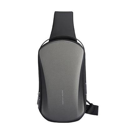 Men's hard shell chest bag in black or grey PU Oxford, 30x18x10cm, with adjustable 50-120cm shoulder strap