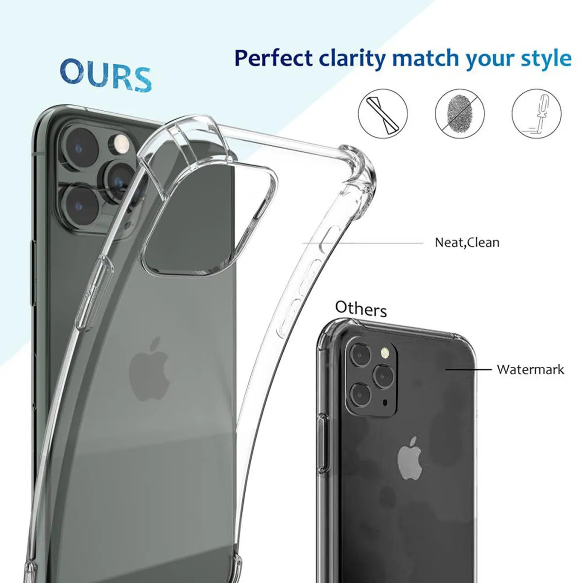 Clear shockproof case for Apple iPhone showing 2mm raised bezel and 1.5mm air cushion corners on a transparent TPU cover