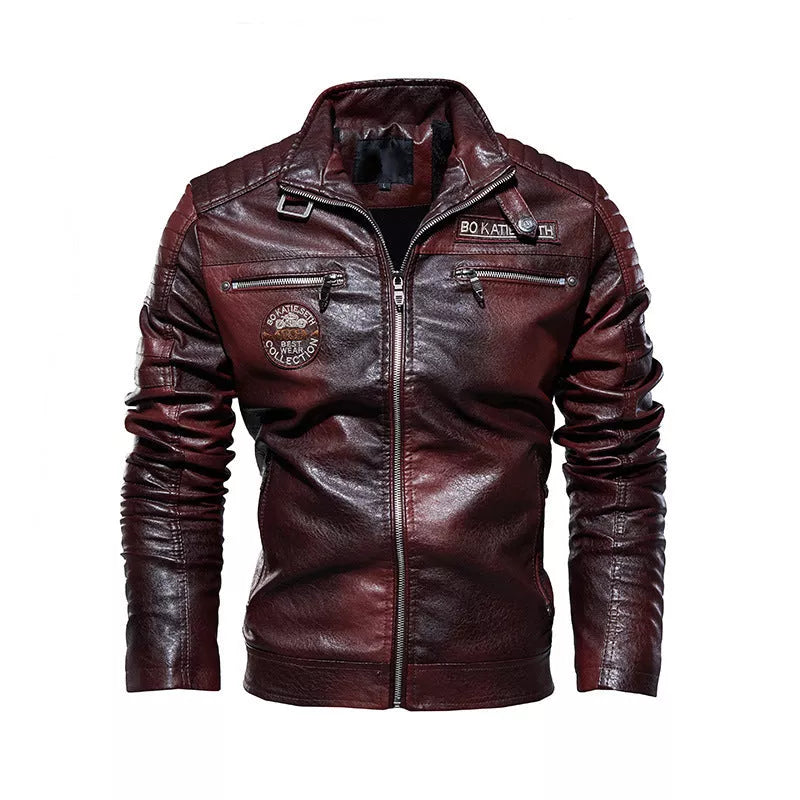 Men's black PU leather jacket with cotton lining, adjustable for diverse fits