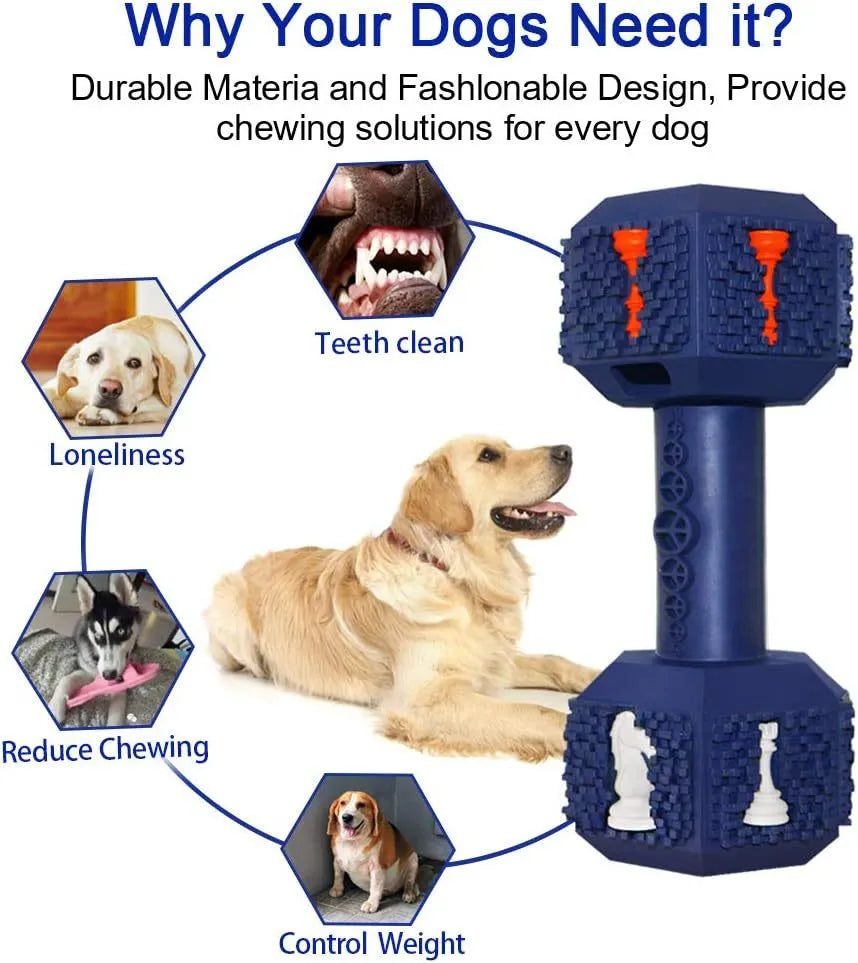 Dog chew toy with dumbbell design, 3D particle surface, hollow ends for treats, in black or blue colour