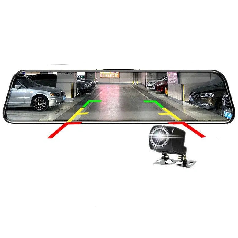 10-inch car dash cam with front and rear cameras on full touchscreen display