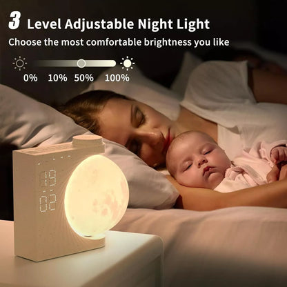 Moon Light Clock with wake-up light and dual alarm features on bedside table