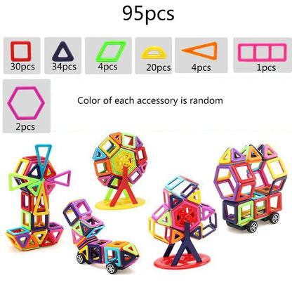 Magnetic building blocks in multiple colours arranged in geometric construction