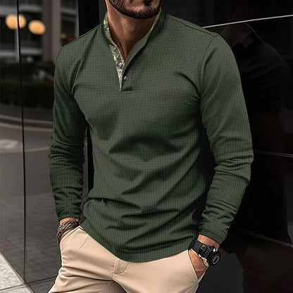 Premium long-sleeve polo shirt in various colors and sizes, featuring a unique double-layer lapel design and soft, breathable waffle fabric for a sophisticated, casual look.