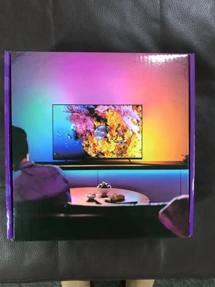 TV ambient light with 60 LED beads per metre, HDMI sync box, and light strips for screen background lighting