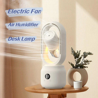 Portable USB rechargeable water-cooled fan with mist humidifier, bladeless design for safety and easy cleaning, 3-in-1 cooling, humidifying, and ambient lighting device