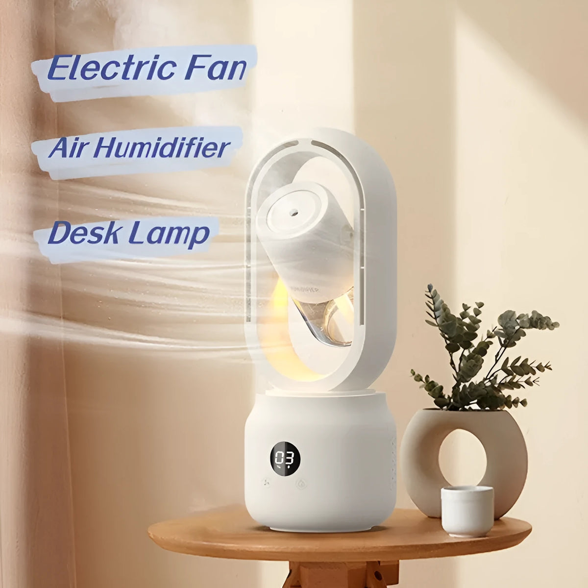 White bladeless portable table fan with humidifier tank on a wooden desk.