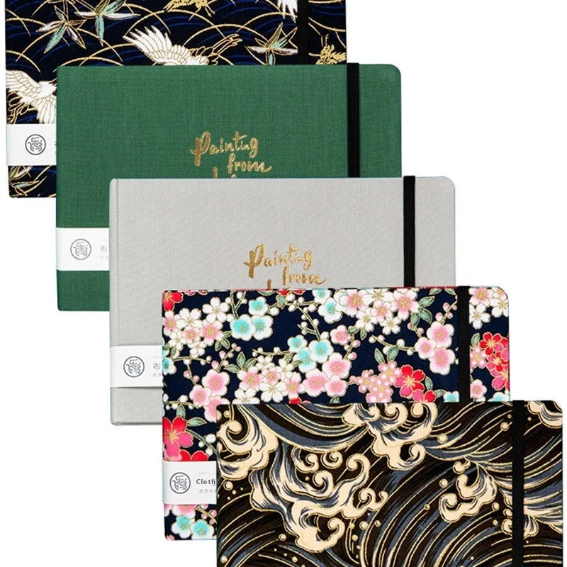 Feiluniao watercolour notebook with fabric cover, 185mm length, open to show paper for painting.