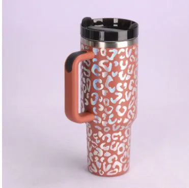 40 oz stainless steel insulated tumbler with handle and straw in tapered mug design
