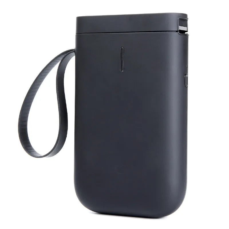 D11 Bluetooth thermal label printer in black, showing compact design and smartphone app connection