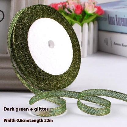 Polyester gift packaging bow ribbon showing 0.6cm width and colour options including gold leaf and metallic variations