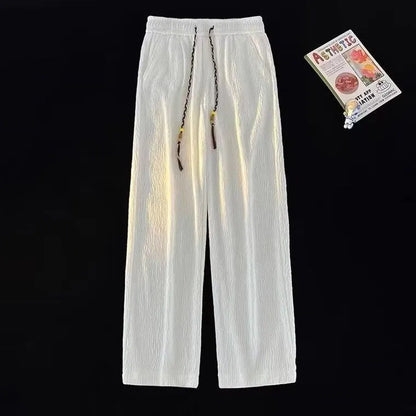 Men's thin loose straight-leg summer trousers with drooping texture in black or white colours